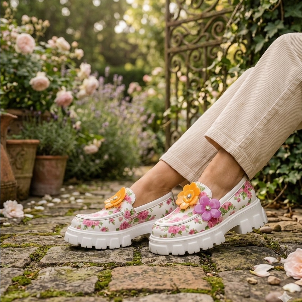 Betsey Johnson White Floral Chunky Loafers with Pink & Yellow Flower Accents